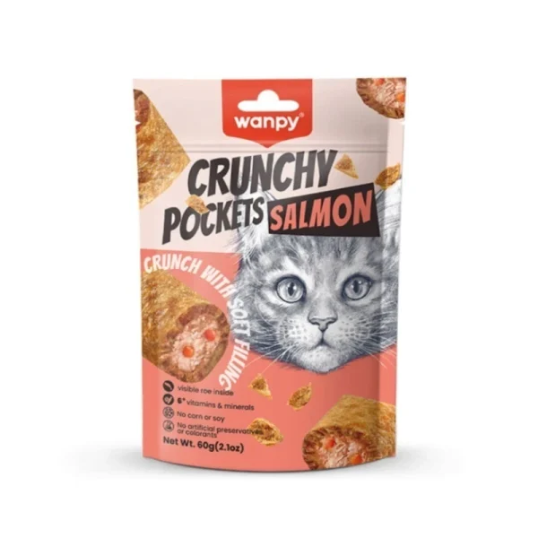 Crunchy Pockets Salmon تشویقی گربه ونپی مدل Crunchy Pockets Salmon با طعم ماهی سالمون و خاویار وزن 60 گرم